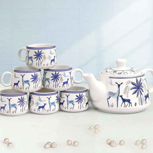 Ceramic Stag Blue Morning Tea Set - 6 Tea Cups, 1 Kettle - The Earth Store - Tea Sets